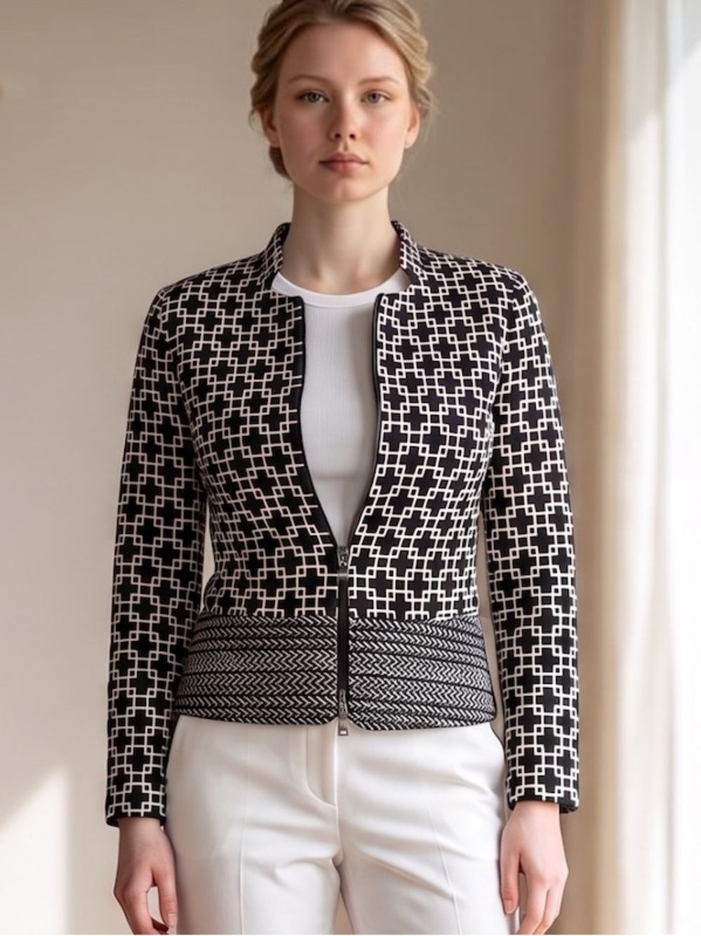 Saks Fifth Ave Black Label Size 2 Black White Color Geometric Print Jacket